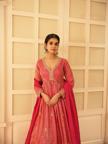 Pink Floral Motif Bead Work Georgette Gown - Diadem