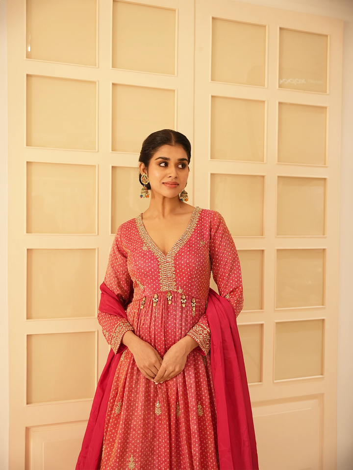Pink Floral Motif Bead Work Georgette Gown - Diadem