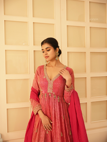 Pink Floral Motif Bead Work Georgette Gown - Diadem