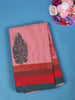 Light Pink Floral Motif Design Cotton Saree With Red Contrast Border