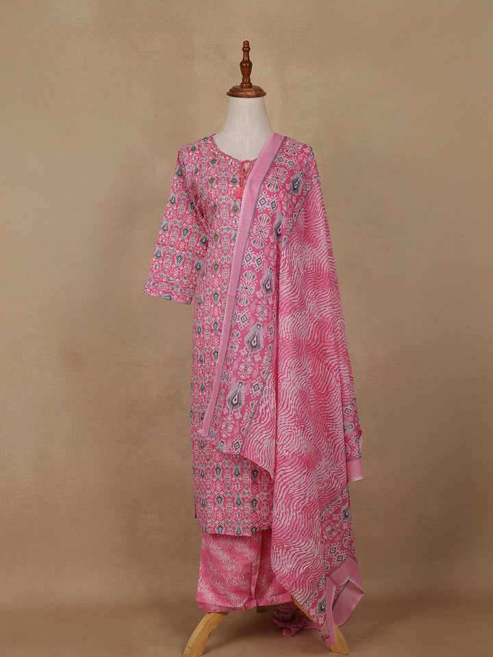 Pink Geometric Designed Cotton Salwar Suit - Diadem