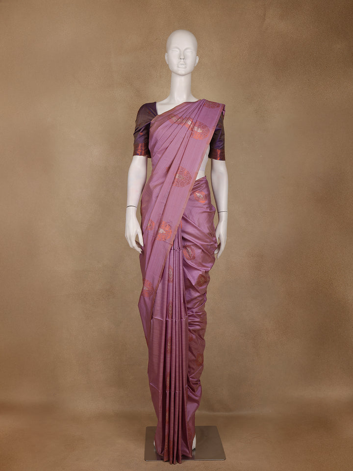 Pink Leaf Designed Soft Silk Saree With Contrast Purple Blouse - Diadem