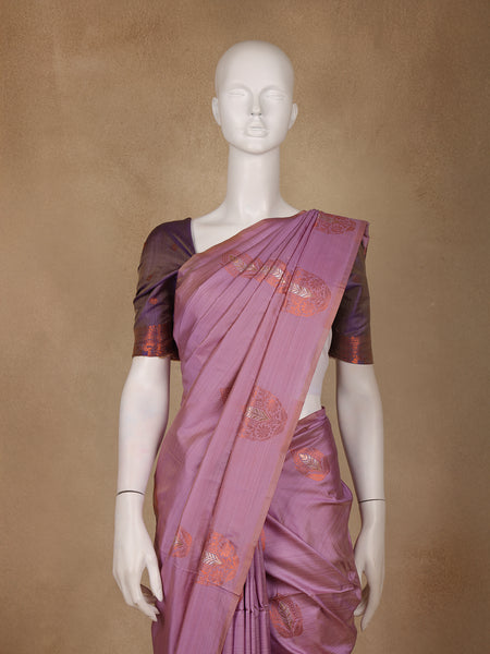 Pink Leaf Designed Soft Silk Saree With Contrast Purple Blouse - Diadem