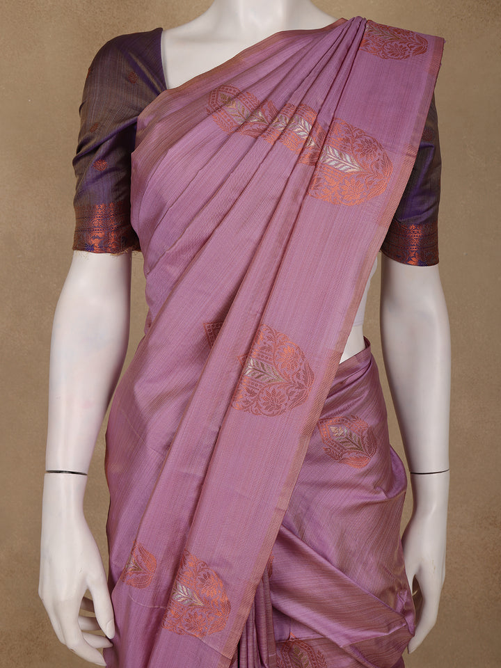 Pink Leaf Designed Soft Silk Saree With Contrast Purple Blouse - Diadem