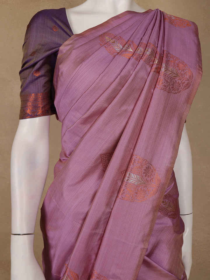 Pink Leaf Designed Soft Silk Saree With Contrast Purple Blouse - Diadem