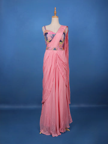 Pink Ready-to-Wear Draped Georgette Saree with Multicolor Sequin Embroidered Blouse - Diadem