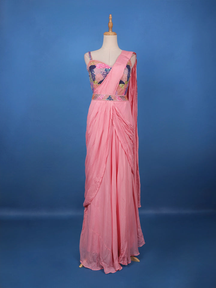 Pink Ready-to-Wear Draped Georgette Saree with Multicolor Sequin Embroidered Blouse - Diadem