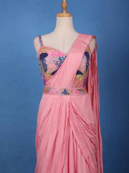 Pink Ready-to-Wear Draped Georgette Saree with Multicolor Sequin Embroidered Blouse - Diadem