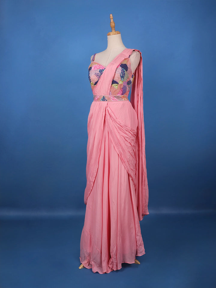 Pink Ready-to-Wear Draped Georgette Saree with Multicolor Sequin Embroidered Blouse - Diadem