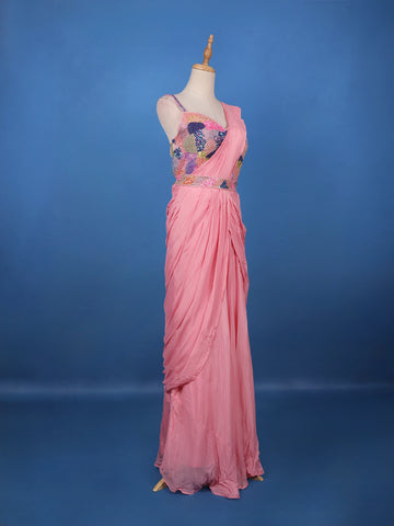 Pink Ready-to-Wear Draped Georgette Saree with Multicolor Sequin Embroidered Blouse - Diadem