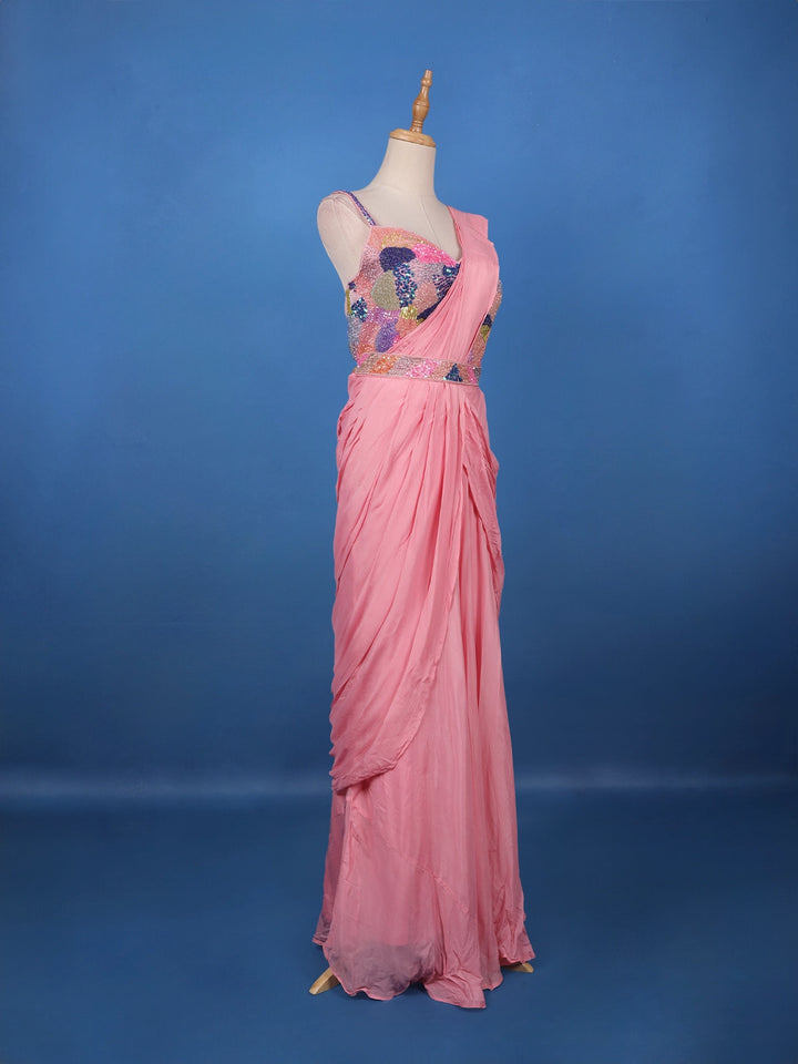 Pink Ready-to-Wear Draped Georgette Saree with Multicolor Sequin Embroidered Blouse - Diadem