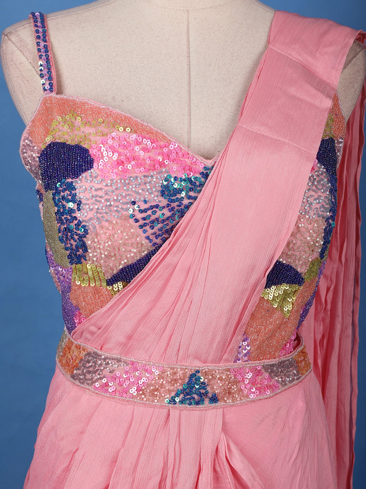 Pink Ready-to-Wear Draped Georgette Saree with Multicolor Sequin Embroidered Blouse - Diadem
