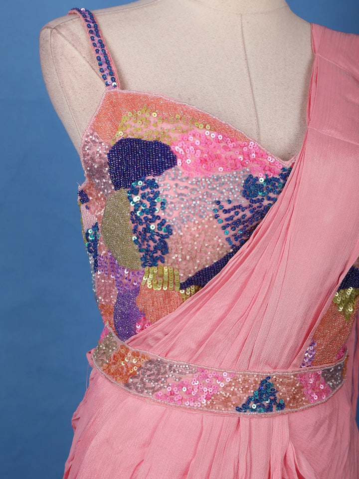 Pink Ready-to-Wear Draped Georgette Saree with Multicolor Sequin Embroidered Blouse - Diadem