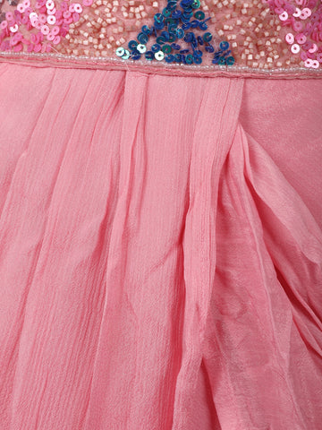 Pink Ready-to-Wear Draped Georgette Saree with Multicolor Sequin Embroidered Blouse - Diadem