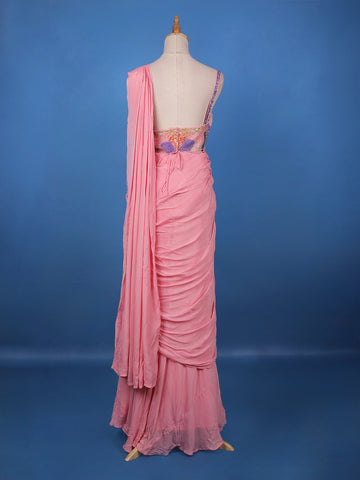 Pink Ready-to-Wear Draped Georgette Saree with Multicolor Sequin Embroidered Blouse - Diadem