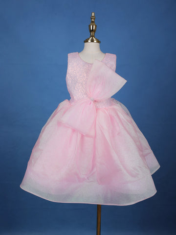 Pink Sequin Embellished Party Wear Organza Frock with Oversized Bow - Diadem