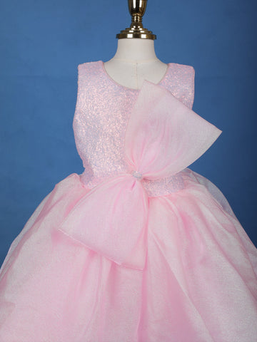 Pink Sequin Embellished Party Wear Organza Frock with Oversized Bow - Diadem
