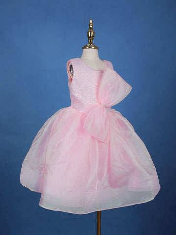 Pink Sequin Embellished Party Wear Organza Frock with Oversized Bow - Diadem