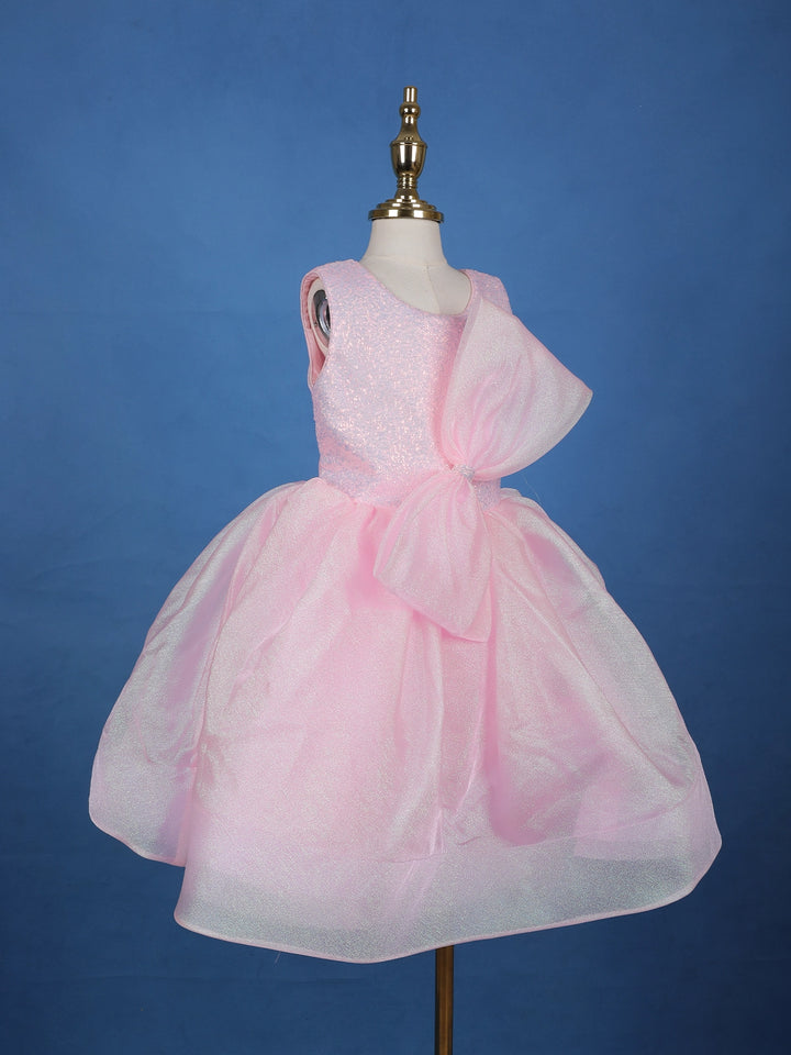 Pink Sequin Embellished Party Wear Organza Frock with Oversized Bow - Diadem