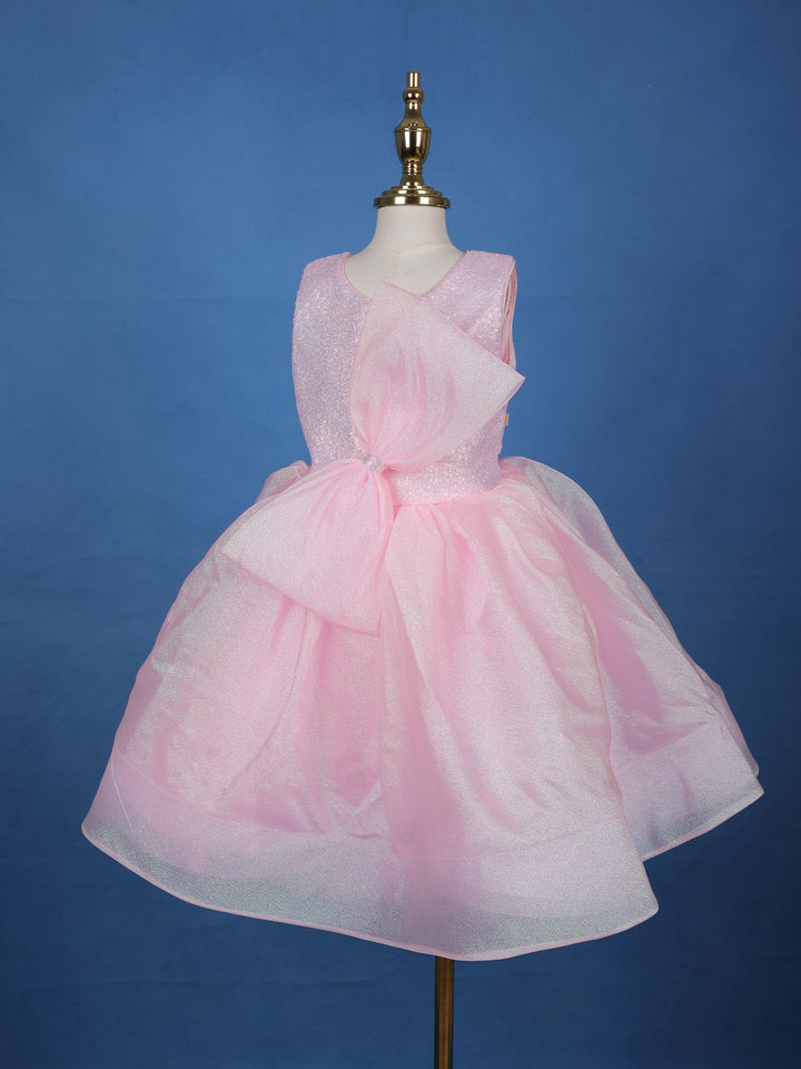 Pink Sequin Embellished Party Wear Organza Frock with Oversized Bow - Diadem