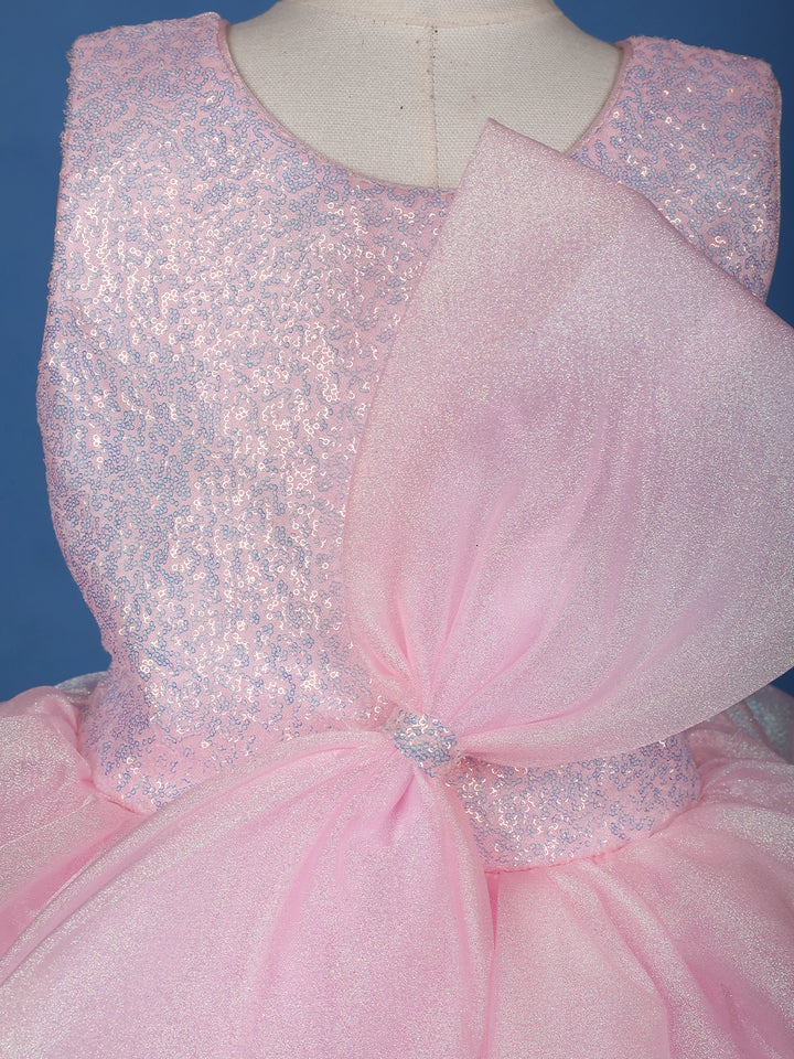 Pink Sequin Embellished Party Wear Organza Frock with Oversized Bow - Diadem