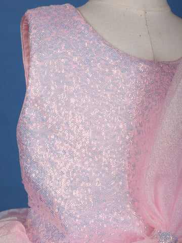 Pink Sequin Embellished Party Wear Organza Frock with Oversized Bow - Diadem