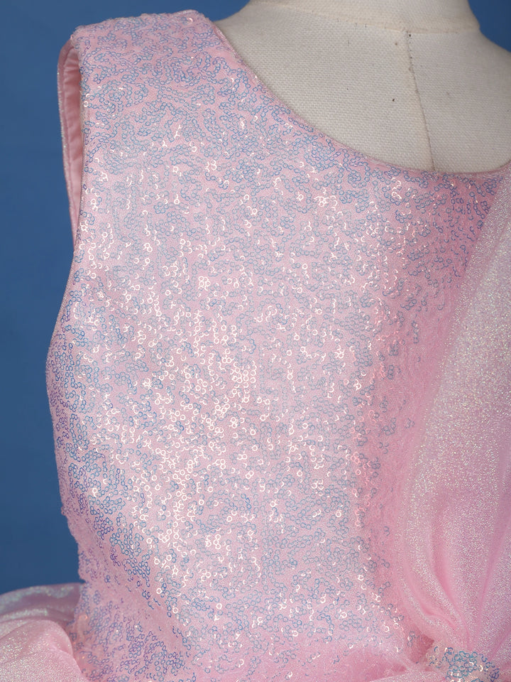 Pink Sequin Embellished Party Wear Organza Frock with Oversized Bow - Diadem