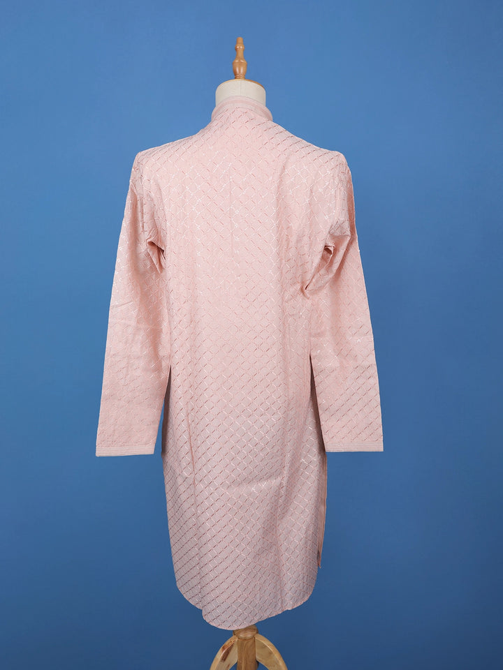 Pink Sequin Embroidered Cotton Kurta For Men - Diadem