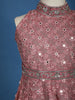 Pink Sequins Embroidered Silk Peplum Kids Palazzo Suit with Dupatta And Purse