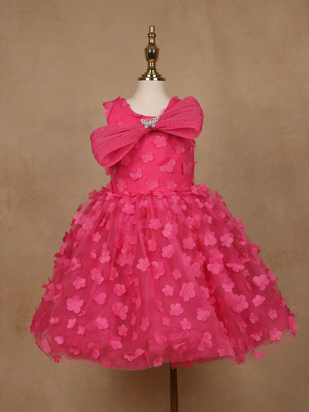 Pink 3D Floral Net Party Frock with Butterfly Brooch & Layered Bow - Diadem