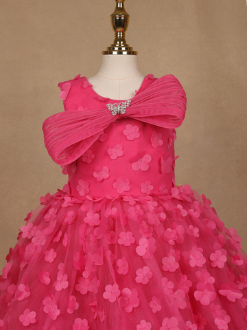Pink 3D Floral Net Party Frock with Butterfly Brooch & Layered Bow - Diadem