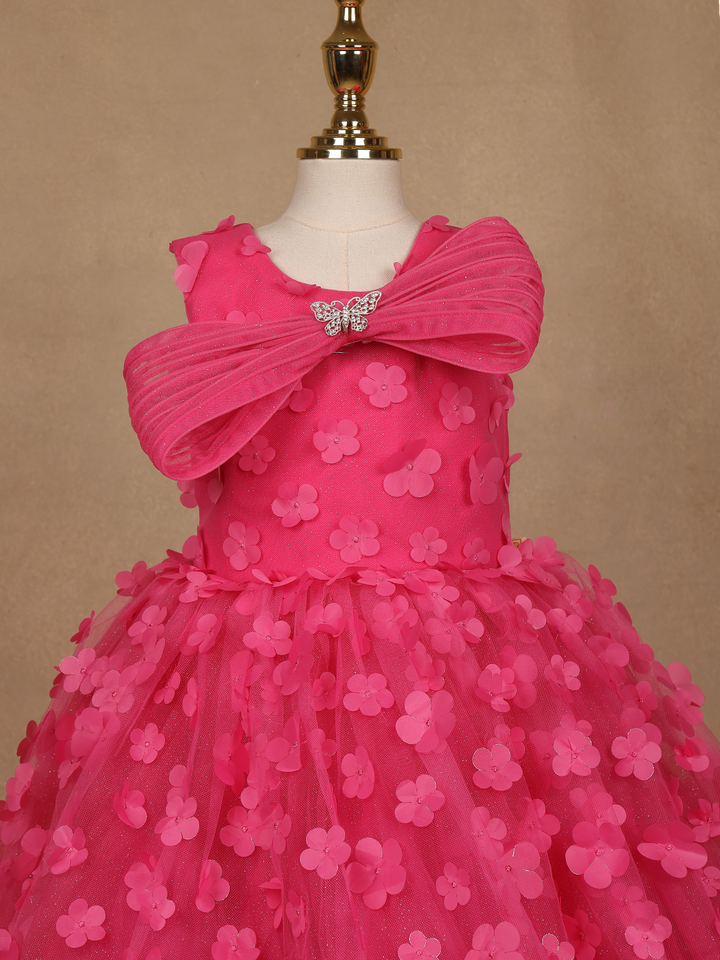 Pink 3D Floral Net Party Frock with Butterfly Brooch & Layered Bow - Diadem