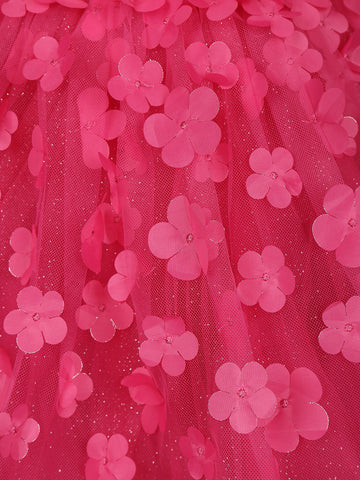 Pink 3D Floral Net Party Frock with Butterfly Brooch & Layered Bow - Diadem
