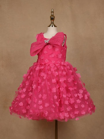 Pink 3D Floral Net Party Frock with Butterfly Brooch & Layered Bow - Diadem