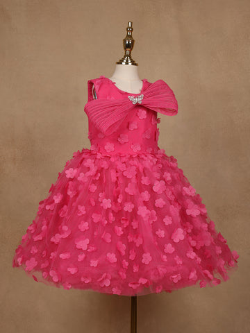 Pink 3D Floral Net Party Frock with Butterfly Brooch & Layered Bow - Diadem