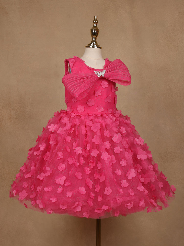 Pink 3D Floral Net Party Frock with Butterfly Brooch & Layered Bow - Diadem