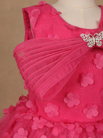Pink 3D Floral Net Party Frock with Butterfly Brooch & Layered Bow - Diadem