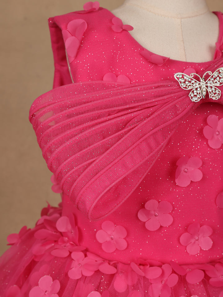 Pink 3D Floral Net Party Frock with Butterfly Brooch & Layered Bow - Diadem