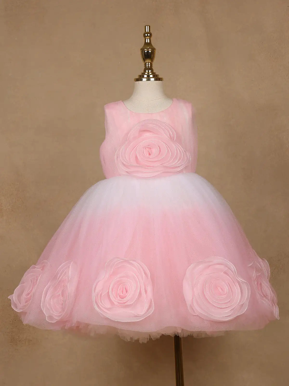 Pink 3D Floral Net Party Frock with Glitter - Diadem