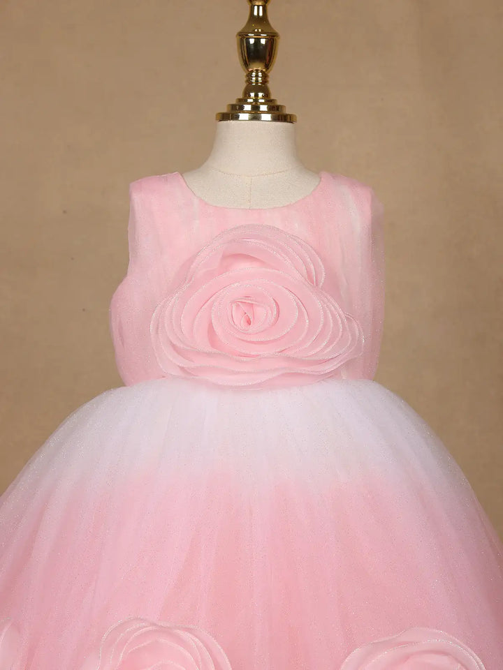 Pink 3D Floral Net Party Frock with Glitter - Diadem
