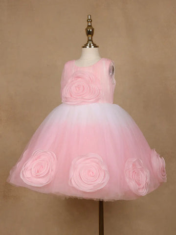 Pink 3D Floral Net Party Frock with Glitter - Diadem