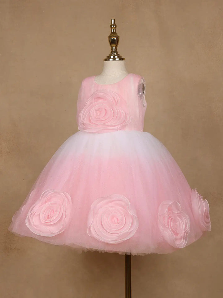 Pink 3D Floral Net Party Frock with Glitter - Diadem
