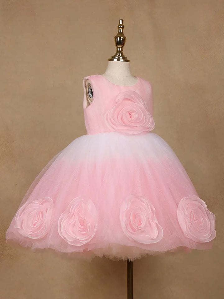 Pink 3D Floral Net Party Frock with Glitter - Diadem