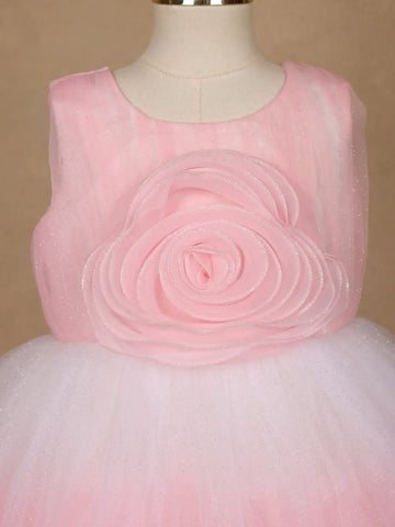 Pink 3D Floral Net Party Frock with Glitter - Diadem