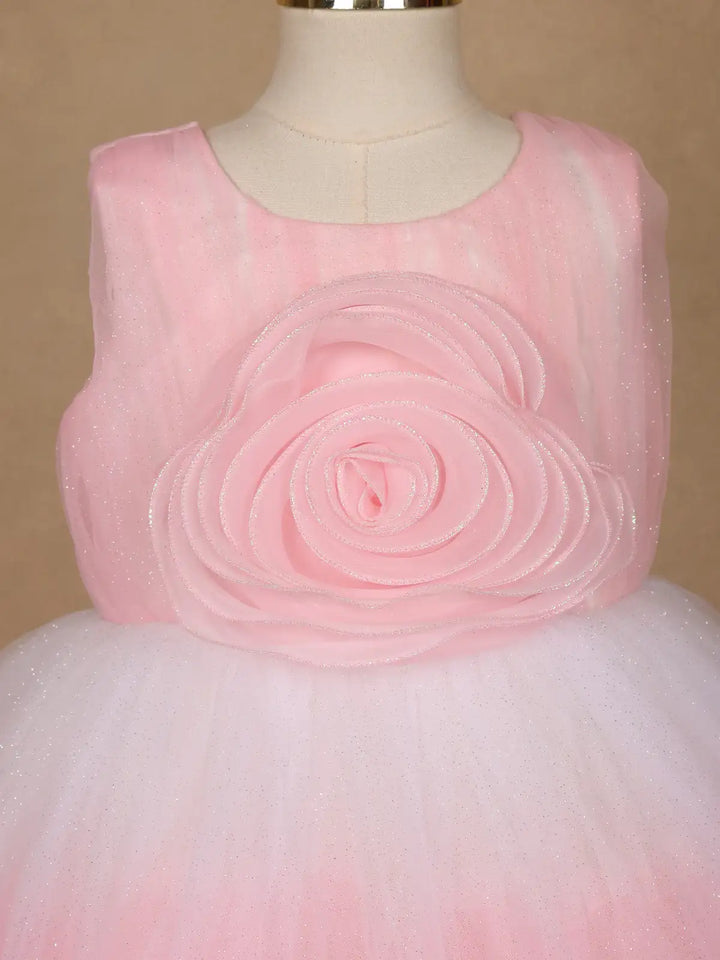 Pink 3D Floral Net Party Frock with Glitter - Diadem