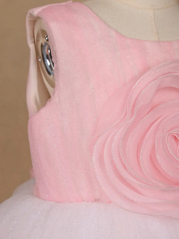 Pink 3D Floral Net Party Frock with Glitter - Diadem