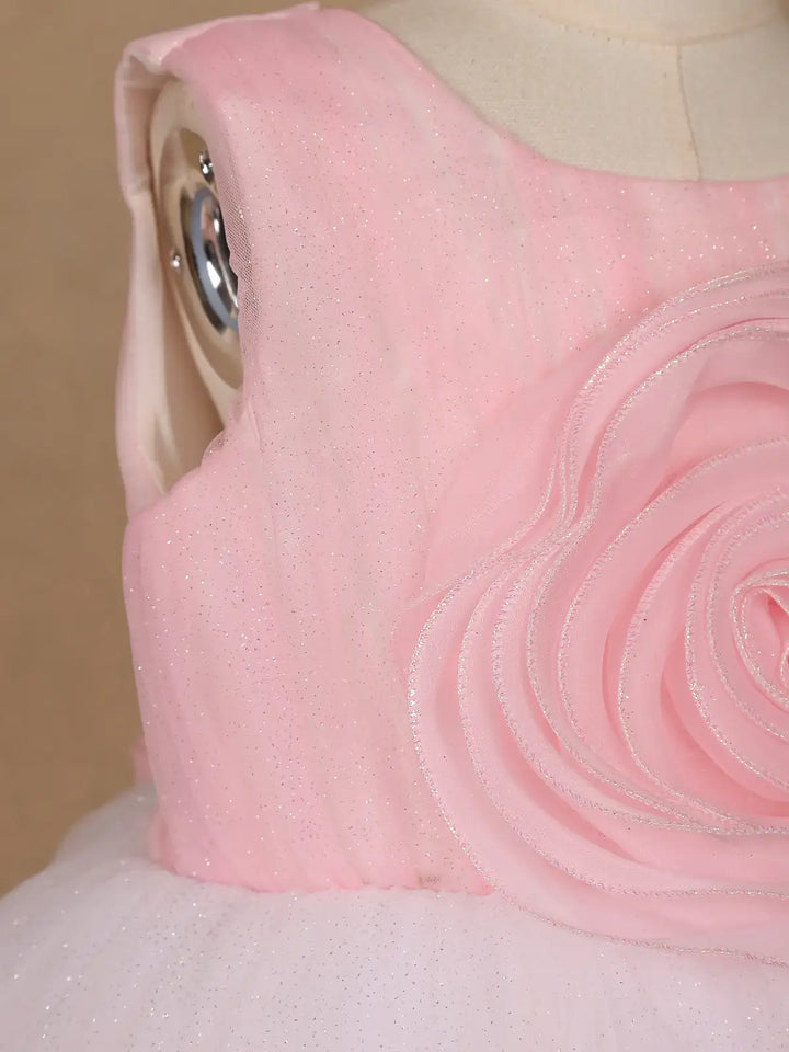 Pink 3D Floral Net Party Frock with Glitter - Diadem