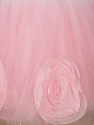 Pink 3D Floral Net Party Frock with Glitter - Diadem