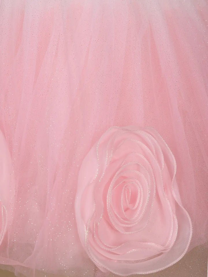 Pink 3D Floral Net Party Frock with Glitter - Diadem