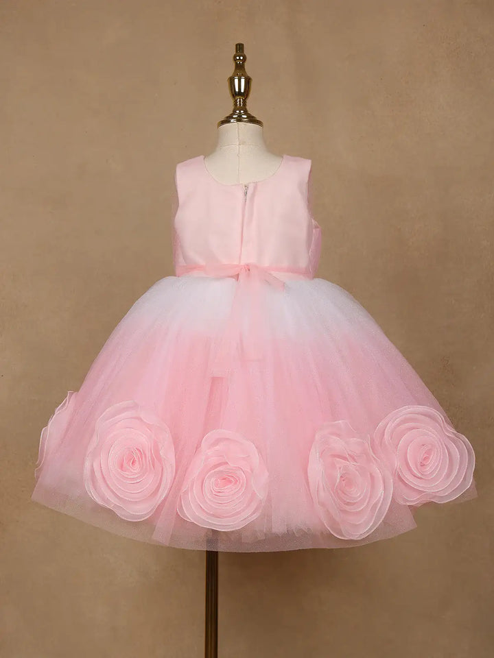 Pink 3D Floral Net Party Frock with Glitter - Diadem